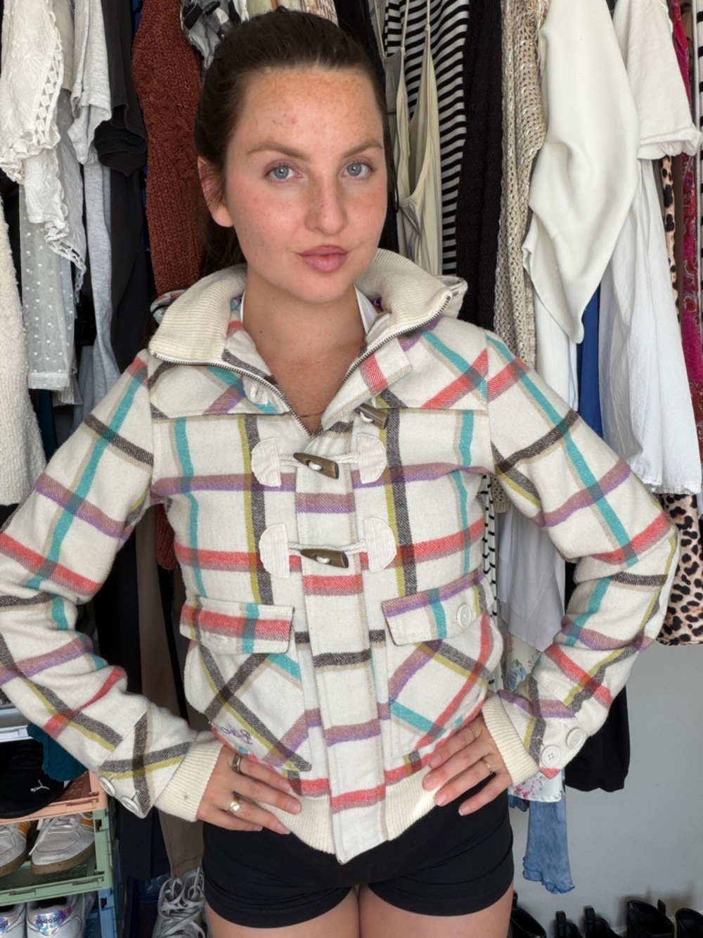 Billabong Plaid Toggle Coat Jacket Hooded Wool Blend Size S